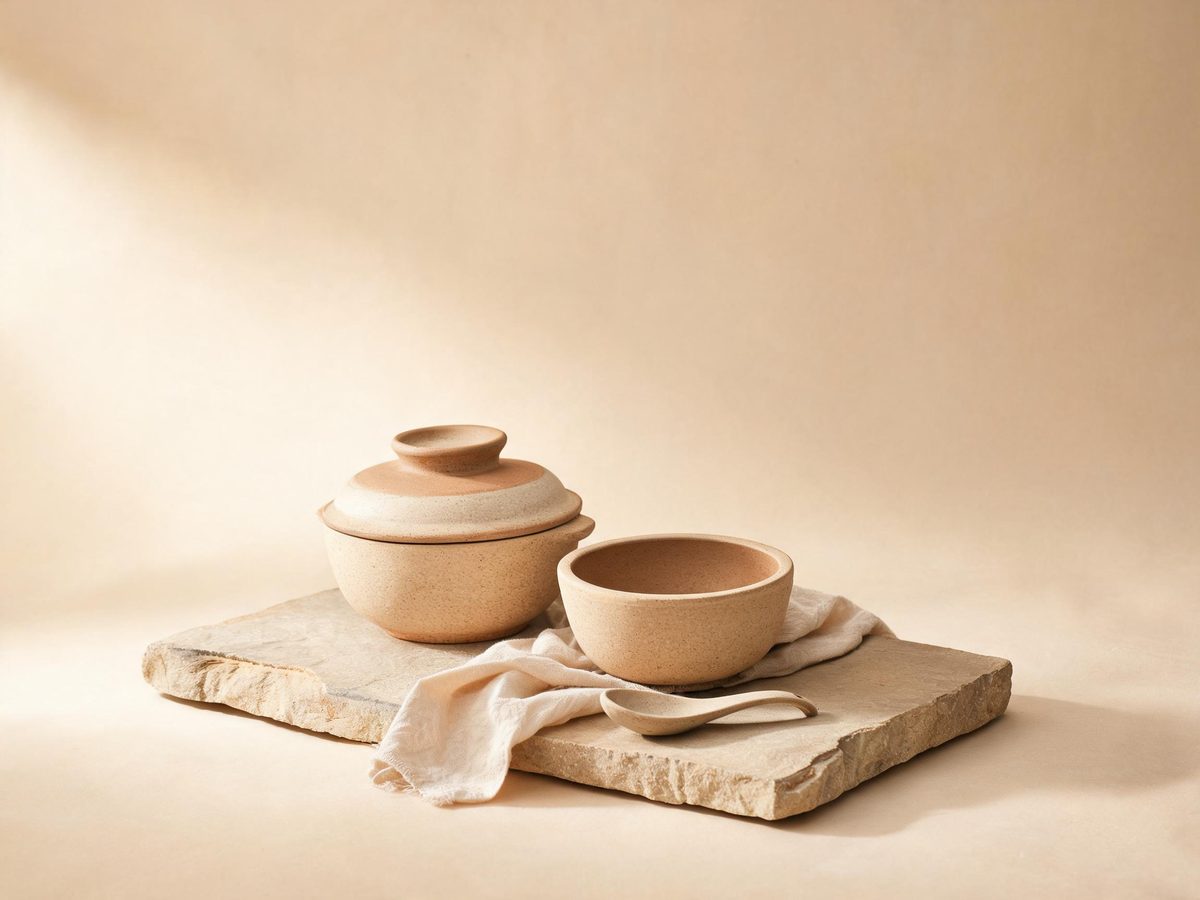 Concept visual: two heat-resistant Korean stone pots with a small spoon on a stone slab