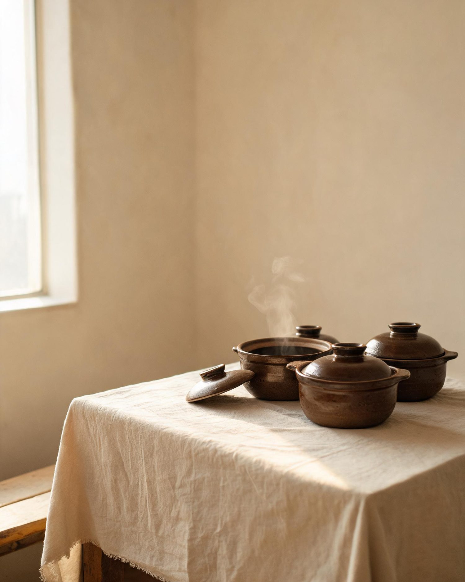 A group of traditional Korean ttukbaegi earthenware pots on a linen-covered table by a window, one pot gently steaming